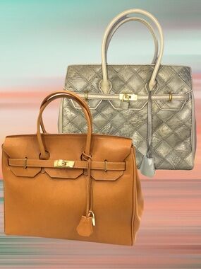 2 Firkin Bags (Birkin Style) 1 Caramel Leather and 1 Moss Green Ostrich Leather